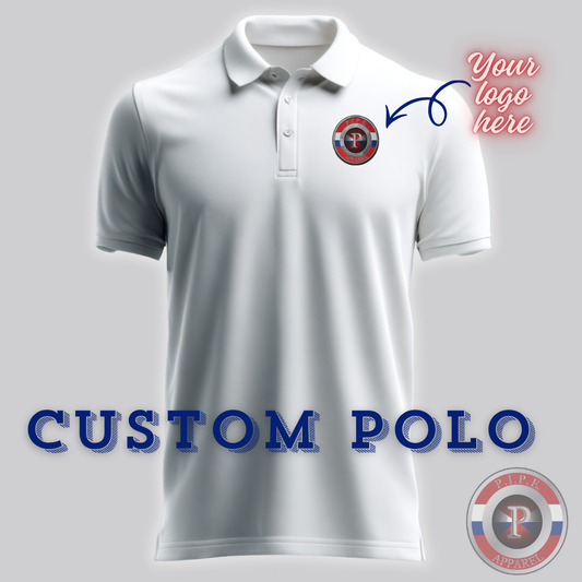White custom polo shirt with a logo on a gray background
